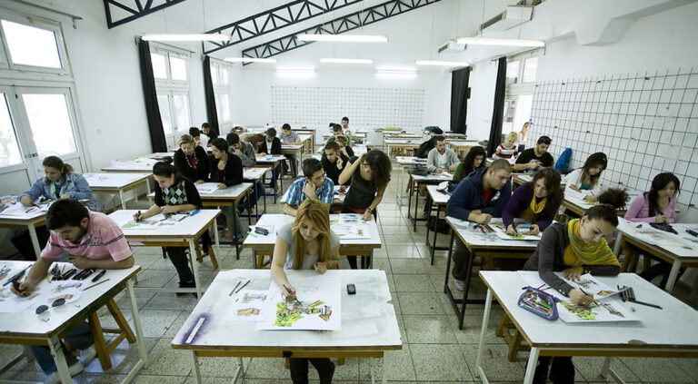 A group of diverse students studying architecture in North Cyprus, gathered around a drafting table. They are engaged in a lively discussion, examining blueprints and sketching designs. The room is filled with natural light, creating a vibrant and creative atmosphere.